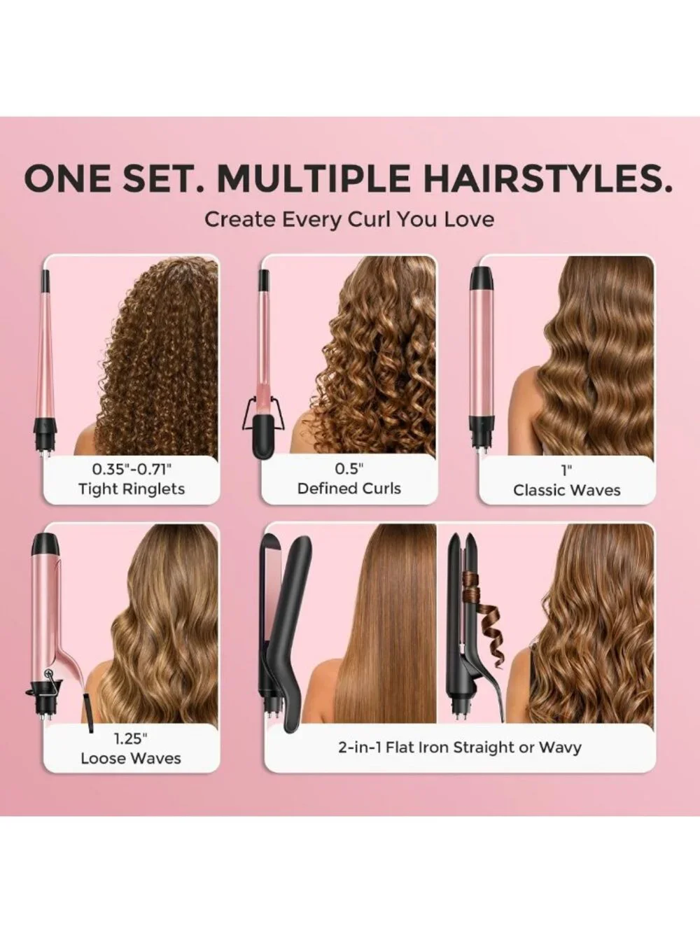 5-in-1 Curling Iron Set & Flat Iron with Ceramic Barrels - Versatile Hair